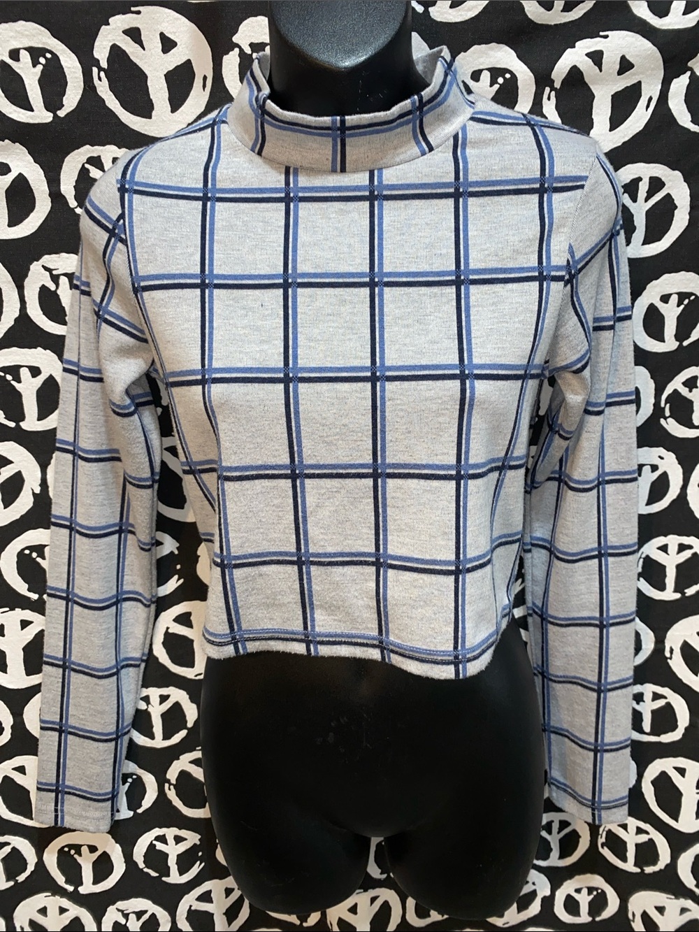 TOPSHOP CROP GREY/BLACK/BLUE TURTLENECK CHECKERED SZ 4